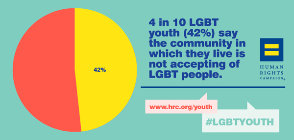 Pie Graph from the Human Rights Campaign that says 4 in 10 LGBT youth say the community they live in is not accepting to them